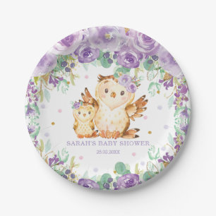 Chic Lila Floral Owl Babydusche Mädchen Pappteller