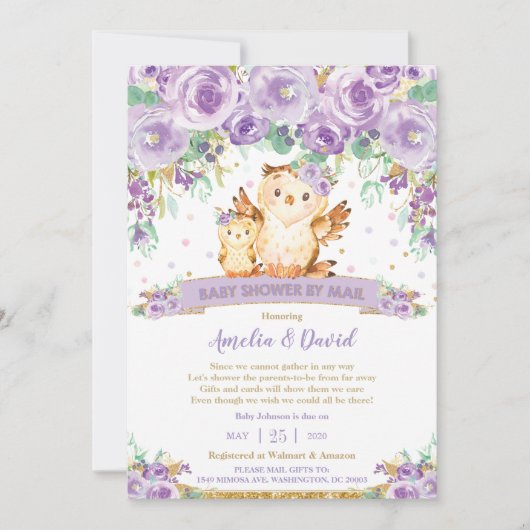 Chic Lila Floral Owl Virtual Baby Dusche per Mail Einladung (Vorderseite)