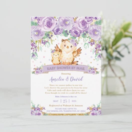 Chic Lila Floral Owl Virtual Baby Dusche per Mail Einladung (Stehend Vorderseite)