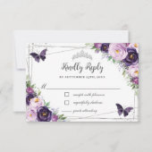 Chic Lila Floral Silver QUINCEAÑERA Schmetterlinge RSVP Karte (Vorderseite)