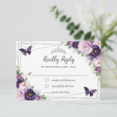 Chic Lila Floral Silver QUINCEAÑERA Schmetterlinge RSVP Karte (Stehend Vorderseite)