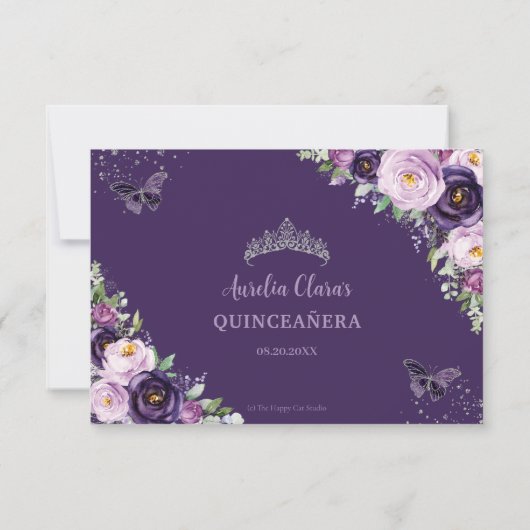 Chic Lila Floral Silver QUINCEAÑERA Schmetterlinge RSVP Karte (Rückseite)