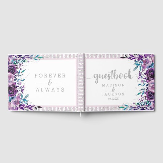 Chic Lila Floral & Silver Wedding Monogram Gästebuch (Voll)