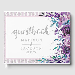 Chic Lila Floral & Silver Wedding Monogram Gästebuch