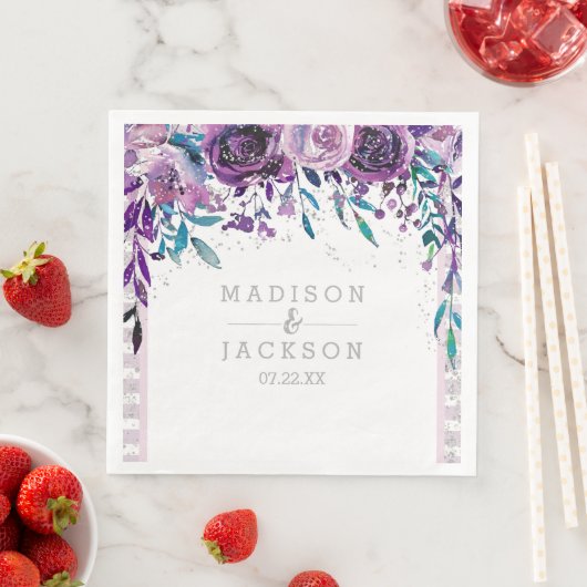 Chic Lila Floral & Silver Wedding Monogram Serviette (Beispiel)