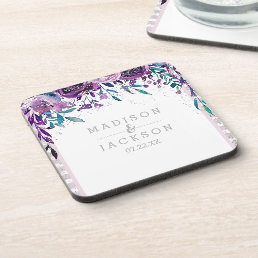 Chic Lila Floral & Silver Wedding Monogram Untersetzer (Linke Seite)