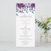 Chic Lila Floral & Silver Wedding Programm (Stehend Vorderseite)