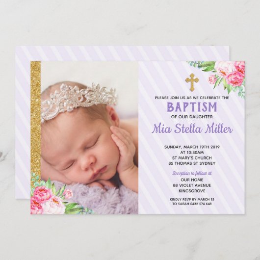 Chic Lila Floral Taufe Christening Girl Foto Einladung (Vorne/Hinten)