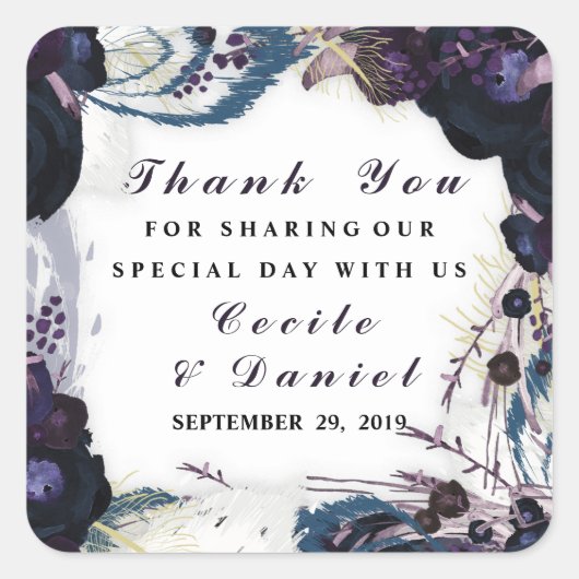 Chic Lila Floral Winter Hochzeit Danke für Ihre Un Quadratischer Aufkleber (Vorderseite)