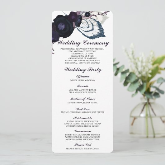 Chic Lila Floral Winter Wedding Program Card Programm (Stehend Vorderseite)