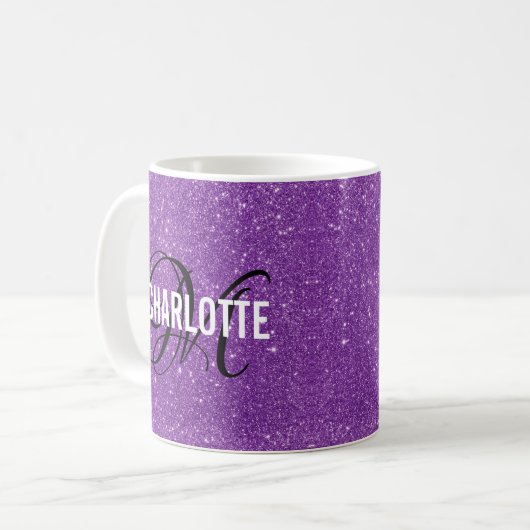 Chic lila Glitzer Monogramm Name Kaffee Tasse (Vorderseite Links)