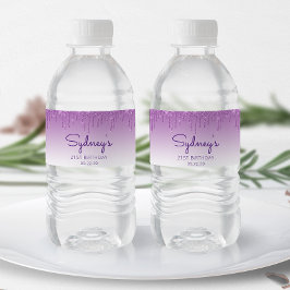 Chic Lila Glitzer Tropfen 21. Geburtstag Party Wasserflaschenetikett