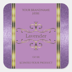 Chic Lila Glitzer- und Gold Verzierte Produktetike Quadratischer Aufkleber