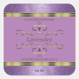 Chic Lila Glitzer- und Gold Verzierte Produktetike Quadratischer Aufkleber