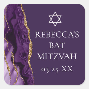 Chic Lila Gold Agate Bat Mitzvah Party Quadratischer Aufkleber