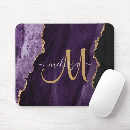 Chic Lila Gold Agate Script Custom Monogram Mousepad (Mit Mouse)