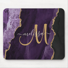 Chic Lila Gold Agate Script Custom Monogram Mousepad