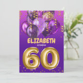 Chic Lila Gold Balloons 60. Geburtstag Einladung (Stehend Vorderseite)