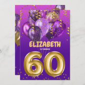 Chic Lila Gold Balloons 60. Geburtstag Einladung (Vorne/Hinten)
