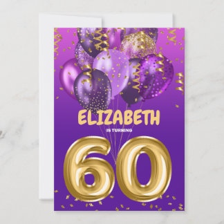Chic Lila Gold Balloons 60. Geburtstag Einladung