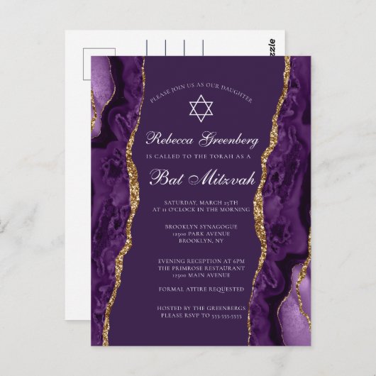 Chic Lila Gold Bat Mitzvah Party Einladung Postkarte (Vorne/Hinten)