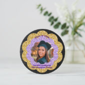Chic Lila Gold Floral Foto Graduation Party Einladung (Stehend Vorderseite)