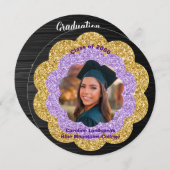 Chic Lila Gold Floral Foto Graduation Party Einladung (Vorne/Hinten)