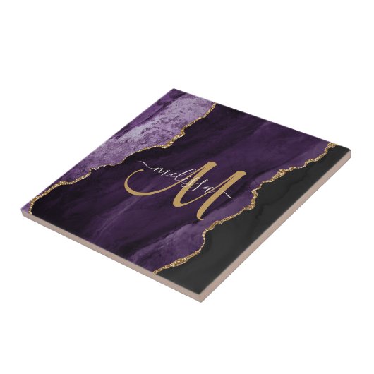 Chic Lila Gold Glitzer Agate Custom Monogram Fliese (Seite)