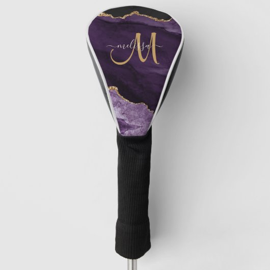 Chic Lila Gold Glitzer Agate Custom Monogram Golf Headcover (Vorderseite)
