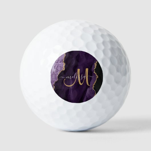 Chic Lila Gold Glitzer Agate Custom Monogram Golfball (Vorderseite)