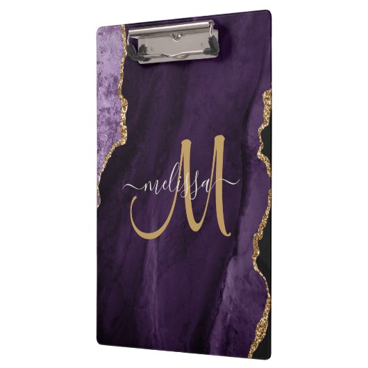 Chic Lila Gold Glitzer Agate Custom Monogram Klemmbrett (Links)