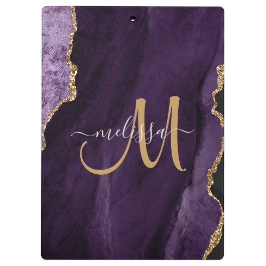 Chic Lila Gold Glitzer Agate Custom Monogram Klemmbrett (Rückseite)