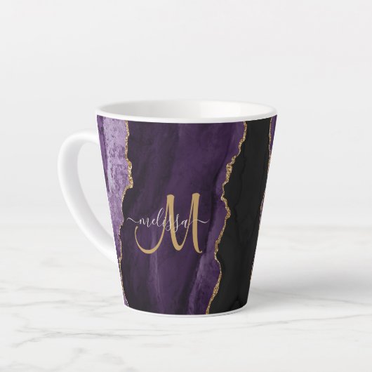 Chic Lila Gold Glitzer Agate Custom Monogram Milchtasse (Linke Ecke)
