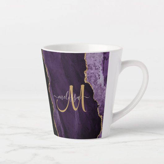 Chic Lila Gold Glitzer Agate Custom Monogram Milchtasse (Rechts)