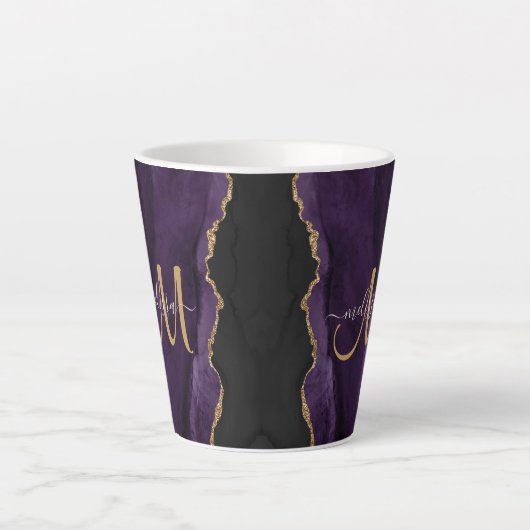 Chic Lila Gold Glitzer Agate Custom Monogram Milchtasse (Vorderseite)