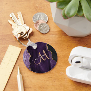 Chic Lila Gold Glitzer Agate Custom Monogram Schlüsselanhänger