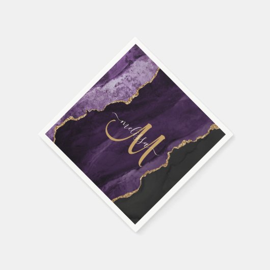Chic Lila Gold Glitzer Agate Custom Monogram Serviette (Ecke)