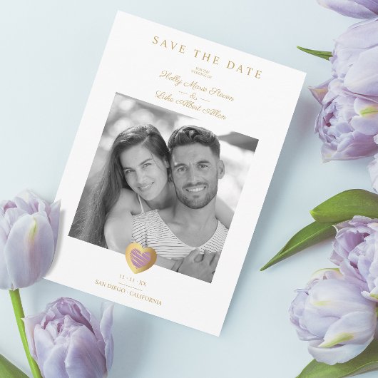 Chic Lila & Gold Heart Foto Couple Wedding Save The Date