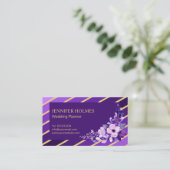 Chic Lila Gold Stripes Floral Business Card Visitenkarte (Stehend Vorderseite)