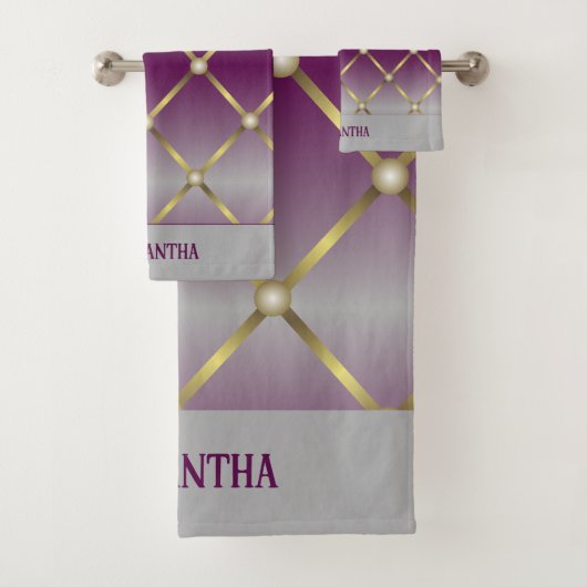 Chic Lila Grau und Gold Mesh Geometric Badhandtuch Set (Insitu)