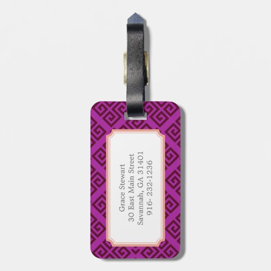 Chic lila gürtelgriechische Schlüsselmuster Monogr Gepäckanhänger (Rückseite vertikal)