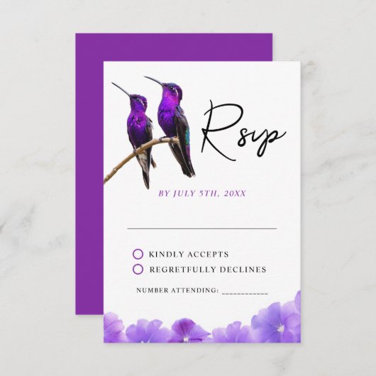 Chic Lila Hummingbirds and Petals Wedding RSVP Karte (Vorne/Hinten)