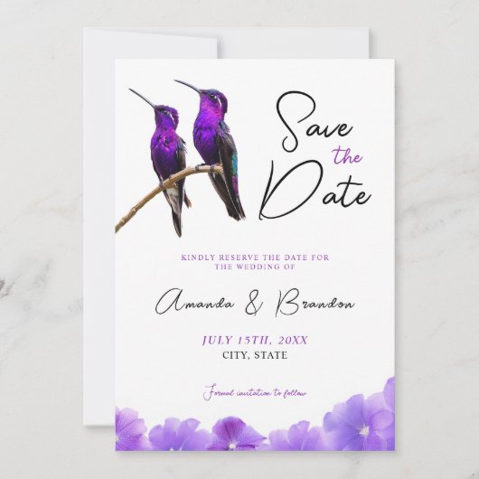 Chic Lila Hummingbirds and Petals Wedding Save The Date (Vorderseite)
