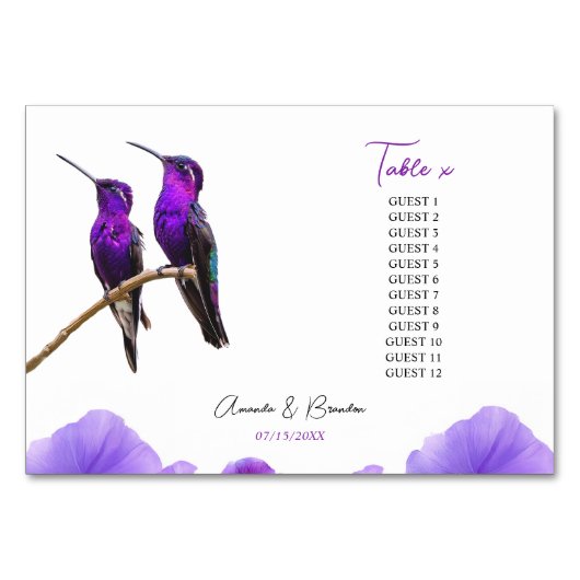 Chic Lila Hummingbirds and Petals Wedding Tischnummer (Vorderseite)