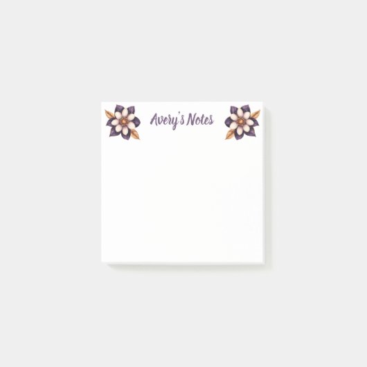 Chic Lila Imitats Gold Floral Name Post-it Klebezettel (Vorderseite)