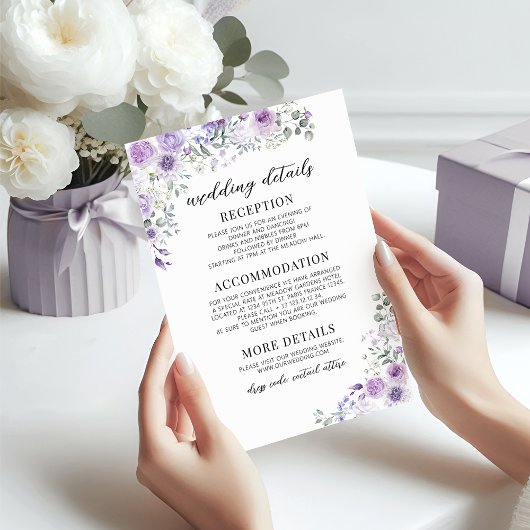 Chic Lila Lavender Floral Wedding Details Cards Begleitkarte