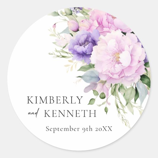 Chic Lila Lavender Pink Violet Floral Wedding Runder Aufkleber (Vorderseite)