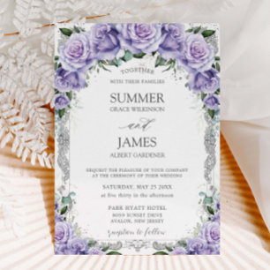 Chic Lila Lavender Rose Blumensilber Hochzeit Einladung