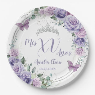 Chic Lila Lilac Floral Butterfliegen Quinceañera Pappteller
