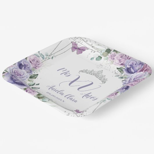 Chic Lila Lilac Floral Butterfliegen Quinceañera Pappteller (Gewinkelt)